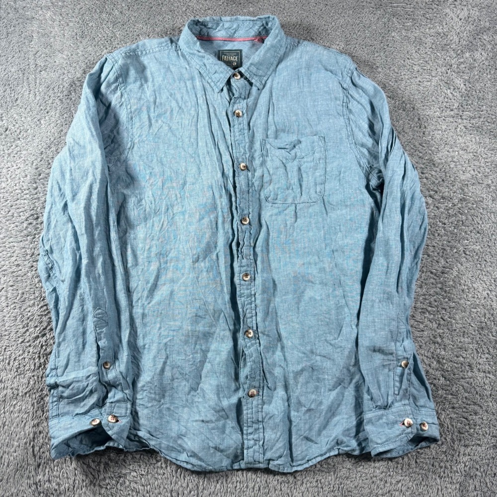 FatFace Button Shirt Mens Large Regular Teal Blue 100% Linen Long Sleeve Pocket
